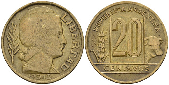 Аргентина 20 сентаво 1943 голова свободы вправо KM 42, CJ 197, Schon 45 алюминиевая бронза    60-922