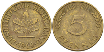 ФРГ 5 пфеннигов 1969 D KM 107, J. 382 сталь плакированная латунью 4514-522
