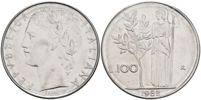 Италия 100 лир 1982 R, Афина KM 96.1 нержавеющая сталь 4117-344