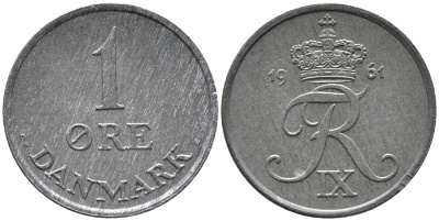 ДАНИЯ 1 ЭРЕ 1961 C; S, ФРЕДЕРИК IX (1947-1972) KM 839.2 цинк UNC 100-656