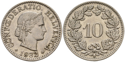 Швейцария 10 раппенов 1932 B KM 27b никель     4189-342
