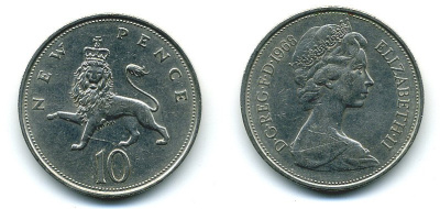 Великобритания 10 пенсов 1968 Елизавета II (1952-2022) KM 912, Spink 4231 (F1) медно-никель  4110-1135