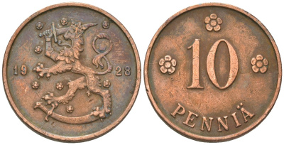 Финляндия 10 пенни 1928 KM 24 медь 4591-1034