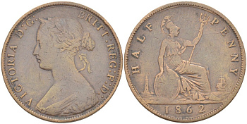 Великобритания 1/2 пенни 1862 Виктория (1837-1901) KM 748.2, Spink 3956 бронза 4543-1144