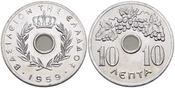 ГРЕЦИЯ 10 ЛЕПТА 1959 ПАВЕЛ I (1947-1964), ВИНОГРАДНАЯ ГРОЗДЬ KM 78 алюминий UNC 29-524