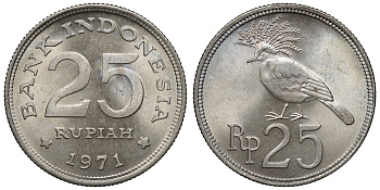 Индонезия 25 рупий 1971 год тип, венценосный голубь KM 34 медно-никель aUNC 4118-142
