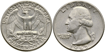 США 25 центов (квотер) 1965 Вашингтон KM 164а медь плакированная медно-никелем 4388-423