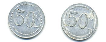 ФРАНЦИЯ 50 САНТИМОВ НАЧАЛО XX ВЕКА d 24 мм, вес около 1,0 гр., платежный жетон алюминий 89-751