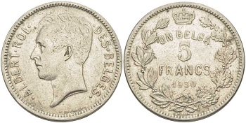 БЕЛЬГИЯ 5 ФРАНКОВ 1930 АЛЬБЕРТ I, DES BELGES KM 97.1 никель 3851-116