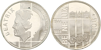 Нидерланды 10 гульденов 1994 50 лет Бе-Ни-Люкс, три здания парламентов KM 216 серебро 1517-111