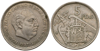 Испания 5 песет 1957 (74) Франсиско Франко (1939-1975) KM 786 медно-никель 186-816