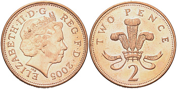 Великобритания 2 пенни 2005 Елизавета II (1952-2022) KM 987, Spink C5 сталь плакированная медью UNC 4128-336