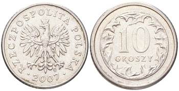 Польша 10 грошей 2007 Y 279 медно-никель UNC 4614-321