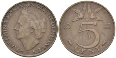 НИДЕРЛАНДЫ 5 ЦЕНТОВ 1948 ВИЛЬГЕЛЬМИНА (1890-1948) KM 176 бронза 212-1025