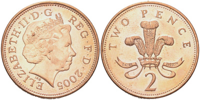 Великобритания 2 пенни 2005 Елизавета II (1952-2022) KM 987, Spink C5 сталь плакированная медью UNC 4128-336