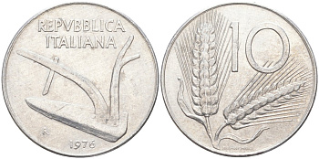 Италия 10 лир 1976 R, КОЛОС, плуг KM 93 алюминий 4519-1033