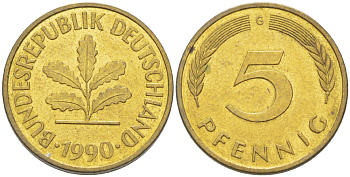 ФРГ 5 ПФЕННИГОВ 1990 G KM 107, J. 382 сталь плакированная латунью 4181-1032