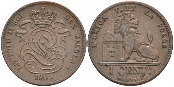 БЕЛЬГИЯ 1 САНТИМ 1902 FR KM 33.1 медь 44-943