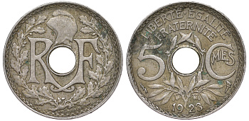 ФРАНЦИЯ 5 САНТИМОВ 1923 tb, ТИП ЛИНДАЙЁ, МОНЕТНЫЙ ДВОР ПУАССИ, МОЛНИЯ KM 875, LE FRANC 122.7 медно-никель 45-455