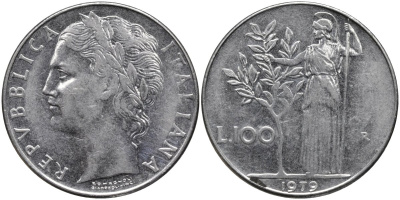 Италия 100 лир 1979 R, Афина в доспехах KM 96.1 нержавеющая сталь 4165-231