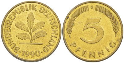ФРГ 5 ПФЕННИГОВ 1990 G KM 107, J. 382 сталь плакированная латунью 4181-1032