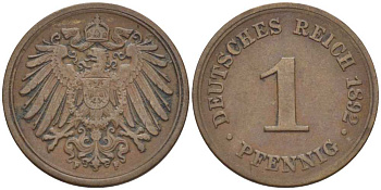 ГЕРМАНИЯ 1 ПФЕННИГ 1882 F KM 10, J. 10, Weege 2 медь 211-152