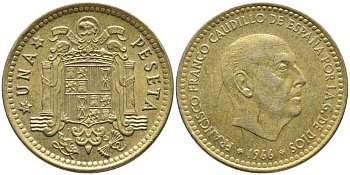 Испания 1 песета 1966 (75) Франциско Франко (1939-1975) КМ 796 алюминиевая бронза 110-1211