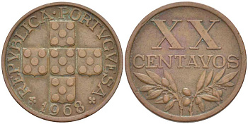 ПОРТУГАЛИЯ 20 СЕНТАВО 1968 KM 584 бронза 213-232