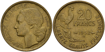 Франция 20 франков 1952 B, Петух KM 917.1 алюминиевая бронза 4159-944