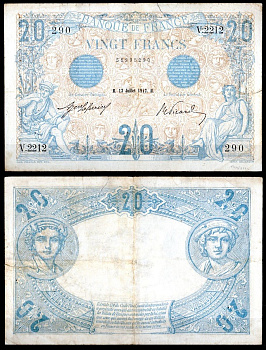 Франция 20 франков 1912 Pick 68 b бумага 451-1140-1