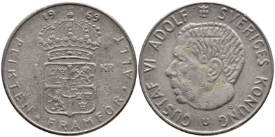 Швеция 1 крона 1969 Густав VI Адольф (1950-1973) KM 826a медь плакированная медно-никелем 4388-742