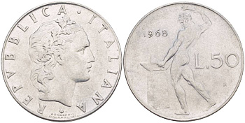 ИТАЛИЯ 50 ЛИР 1968 R, БОГ ОГНЯ ВУЛКАН У НАКОВАЛЬНИ KM 95.1 нержавеющая сталь 4551-351