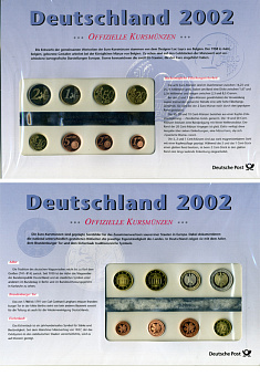 ГЕРМАНИЯ ЕВРОНАБОР ИЗ 8 МОНЕТ 2002 1, 2, 5, 10, 20, 50 ЕВРОЦЕНТОВ, 1, 2 ЕВРО, D, В ОРИГИНАЛЬНОМ БУКЛЕТЕ, ПЛЮС КОМПЛЕКТ МАРОК PROOF 06-081-21