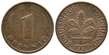 ФРГ 1 ПФЕННИГ 1979 J KM 105, J.380 сталь плакированная медью 179-1018