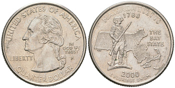 США 25 центов = квотер = 1/4 доллара 2000 P, квотер штата Массачусетс KM 305 медь плакированная медно-никелем UNC 183-214
