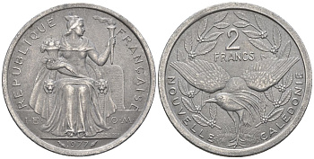 Французская Новая Каледония 2 франка 1977 птица кагу, (IEOM) KM 14, Schoen 11, Lec 58 алюминий    08-811