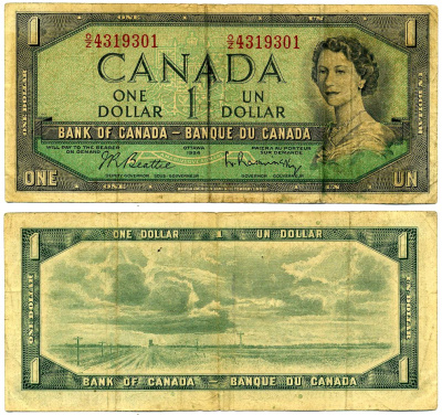Канада 1 доллар 1954 подписи Beattie & Rasminsky, BABNC Pick 75b бумага 2192-18-1-2