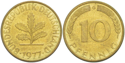 ФРГ 10 ПФЕННИГОВ 1977 G KM 108, J. 383 сталь плакированная латунью 219-517