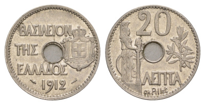 Греция 20 лепт 1912 Георг I (1863-1913), Афина KM 64 никель aUNC 4654-1112