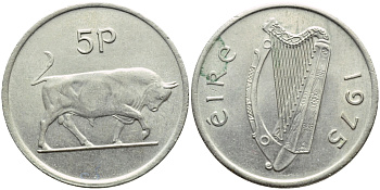 ИРЛАНДИЯ 5 ПЕНСОВ 1975 БЫК KM 22 медно-никель 4395-341