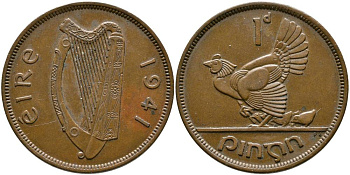 Ирландия 1 пенни 1941 курица с цыплятами KM 11 бронза 4531-626