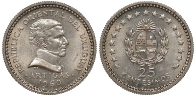 Уругвай 25 сентесимо 1960 KM 40 медно-никель 4169-927