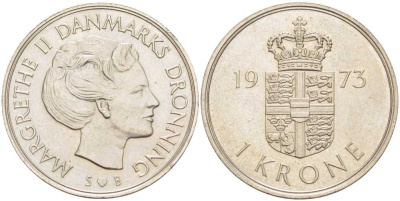 ДАНИЯ 1 КРОНА 1973 S;B, МАРГРЕТЕ II (1972-), RIM NARROW 0,7 мм. KM 862.1 медно-никель 202-825