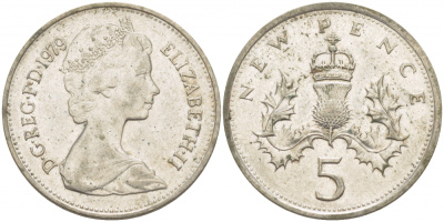 Великобритания 5 пенсов 1979 Елизавета II (1952-2022) KM 911, Spink 4233 (D1) медно-никель 77-212