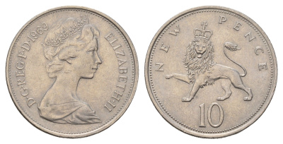 Великобритания 10 пенсов 1969 Елизавета II (1952-2022) KM 912, Spink 4231 (F1) медно-никель 4675-645