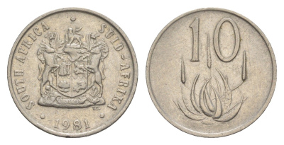 ЮАР 10 центов 1981 герб, цветок алоэ KM 85 никель 4621-863
