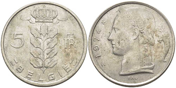 БЕЛЬГИЯ 5 ФРАНКОВ 1974 BELGIE, БОДУЭН I (1951-1993) KM 135.1 медно-никель 119-831