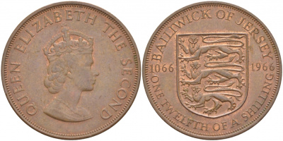Джерси 1/12 шиллинга 1966 900 лет Нормандскому завоеванию KM 26 бронза UNC 4545-332