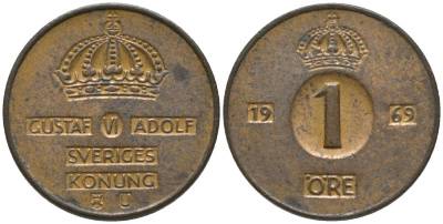 Швеция 1 эре 1969 U, Густав VI Адольф (1950-1973) KM 820 бронза 4387-146