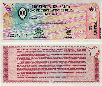 Аргентина, провинция Сальта 1 аустраль 1987 Pick S 2612е бумага UNC (пресс) 6301-10-2-1